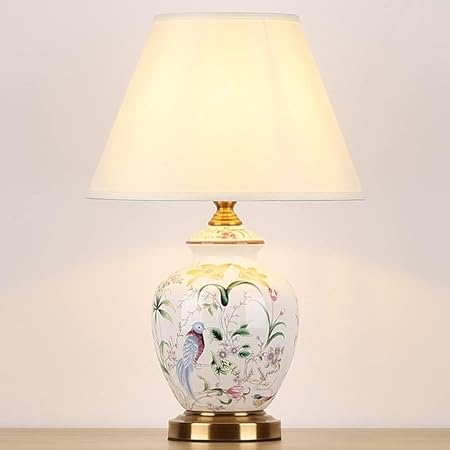 LINGCMP Bedside Table Lamps Chinese Table Light Color Floral and Bird Pattern Ceramic Table Lamp, Linen Fabric Handmade Lampshade Table Lamp, photo 2