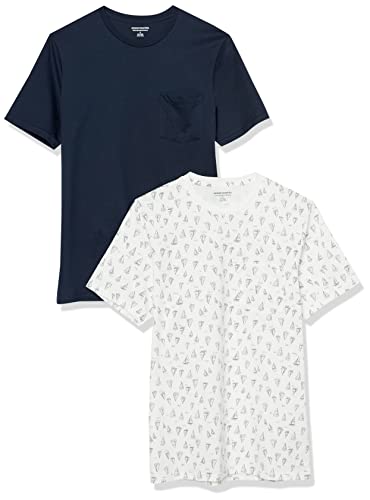 Amazon Essentials Maglietta Girocollo a Maniche Corte con Taschino Uomo, Pacco da 2, Blu Marino/Stampa Barche, XL