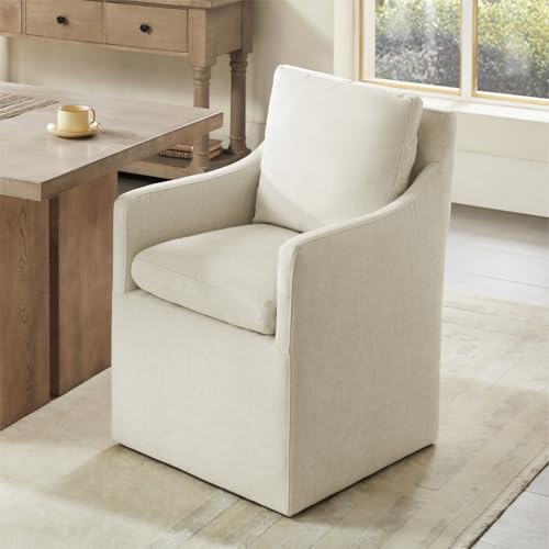 Image of KISLOT Upholstered Dining Chairs with Casters, No Assembly Modern Accent Armchair with Rollers for Dining Room, Bedroom, Living Room, Reading Room, Already Assembled, Beige, 1 Box