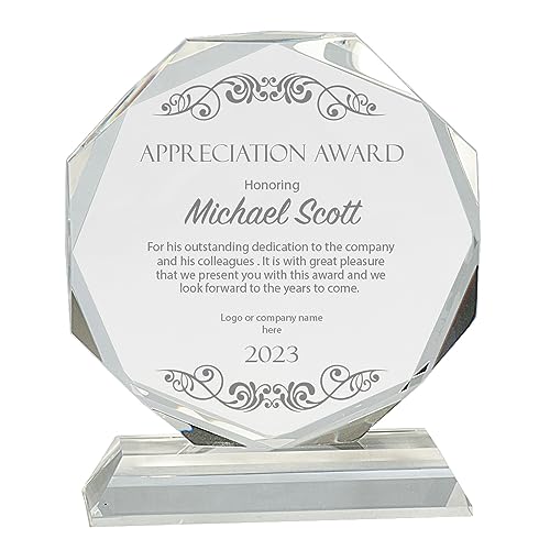 Ravanox Personalized Clear Crystal Octagon Award, Custom Engraved Glass Award Plaque for Employee Appreciation, Recognition, Retirement and More (6")