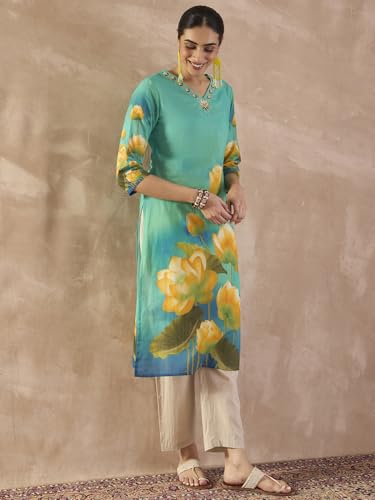 Image of INDO ERA Women's Cotton Floral Printed Straight Kurta (IESTR12002)