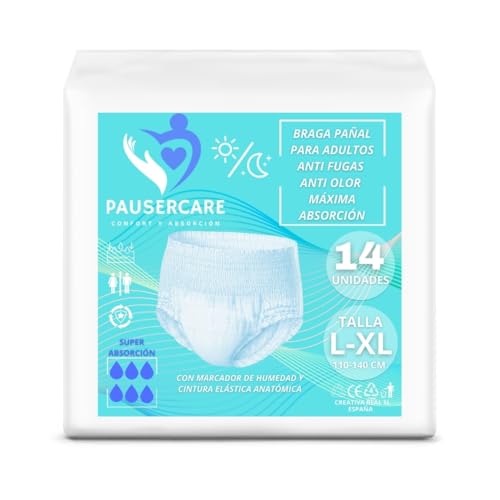 PAUSERCARE Braga Pañal Ropa Interior-Adulto Unisex |Super Absorbentes Para Incontinencia Severa | Hombres & Mujeres | 14 Unidades Desechables| Máxima Protección Discreta | Día y Noche TALLA L-XL