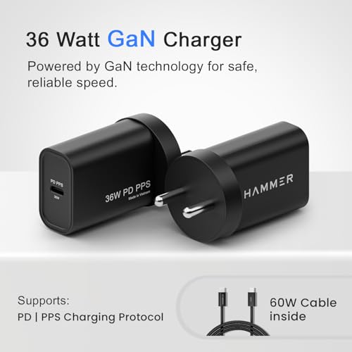 Image of Hammer 36W Fast GaN Charger, iPhone 0 to 50% in 30mins, Compatible with iPhone 17,16, 15, 14, 13, 12, Samsung Mobiles & Laptop, FCC /CE Certified, 2 Yr Warranty, with C to C Cable (Black)