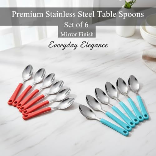 Image of Premium Stainless Steel Table Spoon Set for Kitchen 12 Pcs, Mirror Finish, Durable Rust-Resistant Spoon Set for Kids Cutlery, Tea, Coffee, Desserts Eating & Daily Dining (Combo- Multicolor)