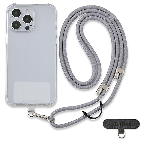 Image of Phone Lanyard Crossbody, Anti Theft Phone Strap with 2 Tether Tabs | With Leather Loop, Premium Metal Buckles, Adjustable Cell Phone Lanyard for Travel, Fits Most Smartphones, Light Grey