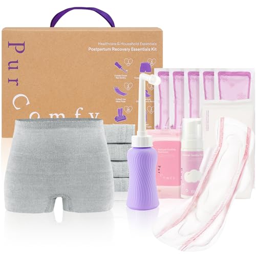 PurComfy 18 Pcs Postpartum Essentials Recovery Kit, Includes 5 Disposable Underwear, 24 Perineal Pad Liners, Perineal Care Foam, 5 Instant Ice Pads, P