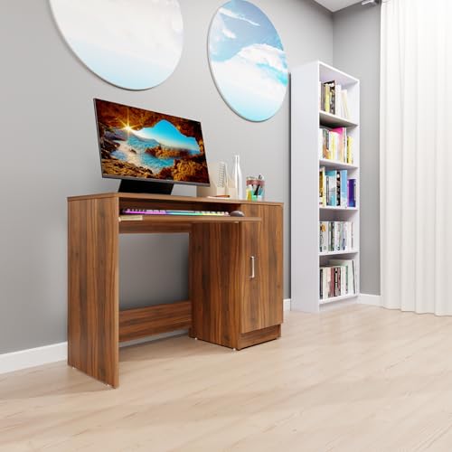 Image of VIKI Engineered Wood Computer Table, Study Table, Desks with Door Storage, Keyboard Tray for Adults /Students, Office Home | DZUKOU | Brussel Walnut, 100W x 75H x 40D | 1 Year Warranty