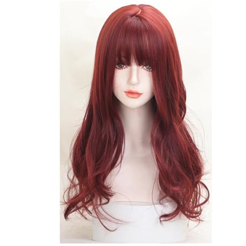 Perruque rouge avec frange pour fête et usage quotidien cheveux longs 60cm