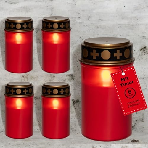 Novaliv Luz LED para tumba con batería y temporizador 6/18, 5 unidades, color rojo, para tumba, para exteriores, con batería, vela conmemorativa, luz eterna LED