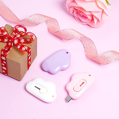 Fengek 3 Pcs Mini Retractable Utility Knife Cloud Pocket Box Cutters Plastic Letter Opener Slide Open With Keychain Hole For Box Letter Envelope, Cloud Shape (Multicolor A) #TOP3