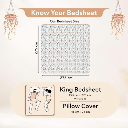 Image of Divine Casa Cotton King Size Bedsheet | 210 TC Soft Breathable Pigment Twill Satin Bed Sheet with 2 Pillow Covers | Luxury Bedding Set | 275 x 275 cm (Cream Pink, Floral)