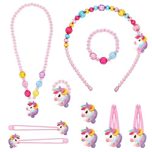 HIFOT Einhorn Kinderschmuck Kleine Mädchen Halskette Armband Ring Clip Ohrringe Haar Klammern Einstellen Set, Prinzessin Modeschmuck Party Favors Geschenk zum Anziehen Pretend Play