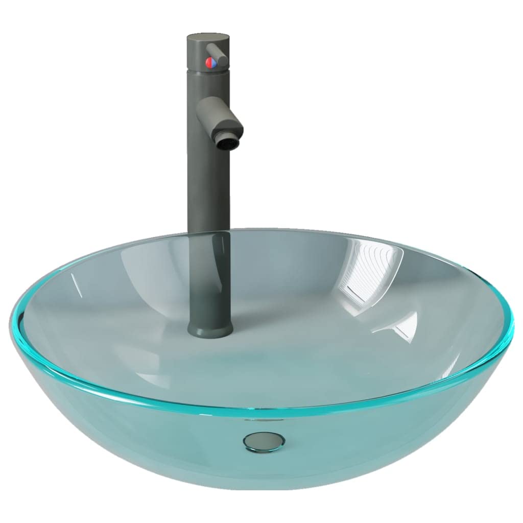 Lavabo redondo de cristal templado con grifo y drenaje de empuje para encimera, válvula de drenaje pop-up, desagüe de zinc y latón, duradero y fácil de limpiar