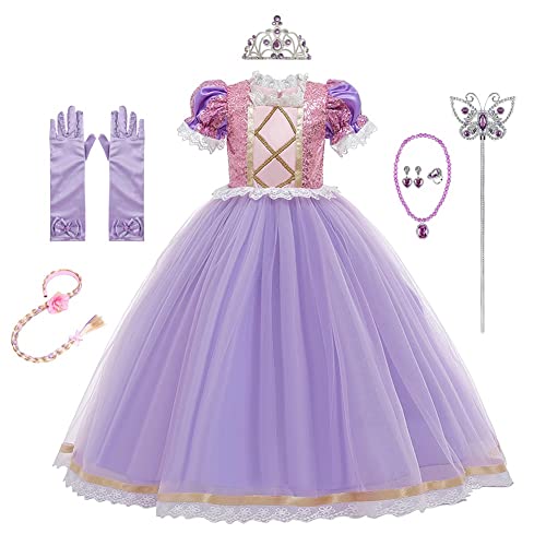 CinheyU Disfraz de Princesa Rapunzel para Niñas Vestidos de Sofia Cumpleaños Boda Fiesta Navidad Ceremonia Carnaval Halloween Cosplay Vestir con Accesorios 5-6 años