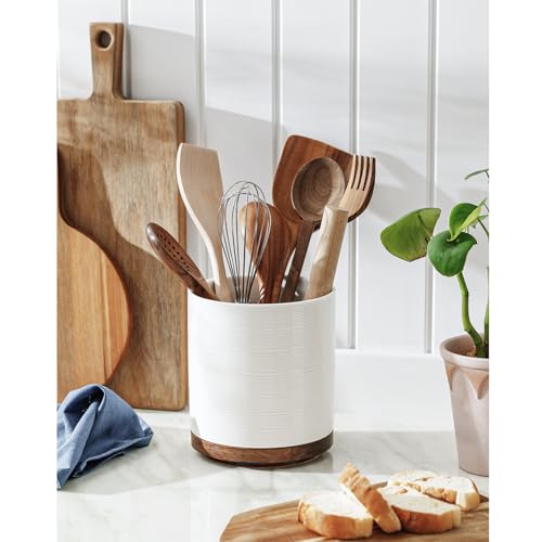 Image of Utensil Holder, 360 Rotating Extra Large Ceramic Kitchen Utensil Holder for Countertop, 7.3 inch Cooking Utensil Crocks for Kitchen Counter with Rotatable Wooden Base, Farmhouse Decor, White