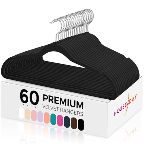 HOUSE DAY Black Velvet Hangers 60 Pack-Premium Clothes Hangers Non-Slip Felt Hangers, Heavy Duty Coat Hangers, Durable Suit Hangers for Space Saving, No Hanger Marks 360 Rotating (Tranquil Black)
