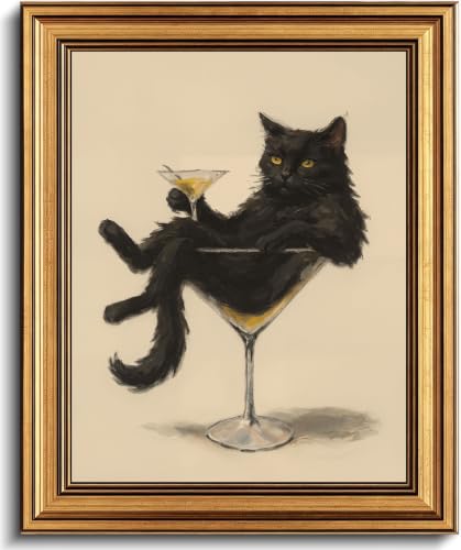 Image of Gold Framed 3D Textured Wall Art, Vintage Black Cat Martini Canvas Prints, Whimsical Cat Cocktail Pictures Decor, Humorous and fashionable Animals Gallery Artwork for Bathroom Home Bar 16x12 in