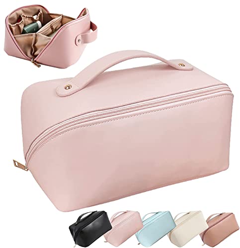 SKYTONE Large Capacity Cosmetic Travel Bag, Portable Leather Makeup Storage Bags with Handle and Divider, Wide Opening Cosmetic/Makeup Organizer (Pink)