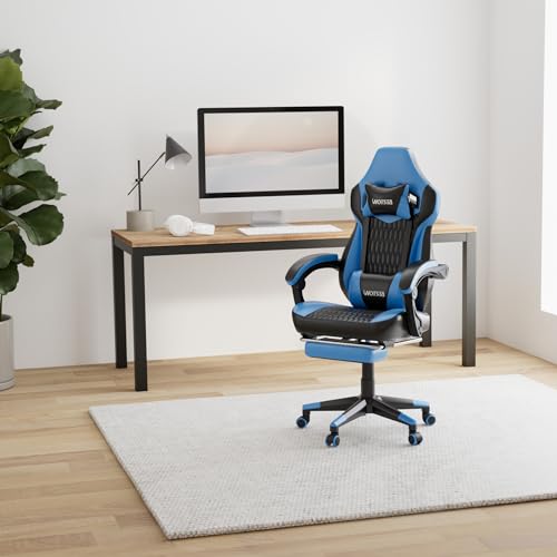 Image of Gaming Chair with Footrest, Gaming Chairs PVC Leather Ergonomic Office Gamer Chair Headrest Lumbar Support Racing Style Video Gaming Chair for Office (Black Blue)