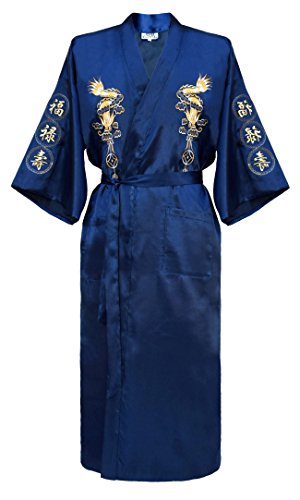 laciteinterdite Robe de chambre kimono chinois brodé pour homme peignoir yukata satin bleu taille L Cover