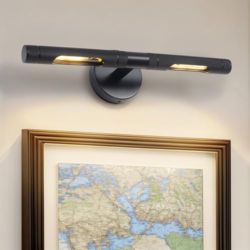 Image of Knurled Black Picture Light for Wall,19 Inch Hardwired Wall Lights for Pictures,Rotatable 360 Modern Gallery Light for Living Room Bathroom Study Room E12 Bulbs Included (BLACK-19inch)