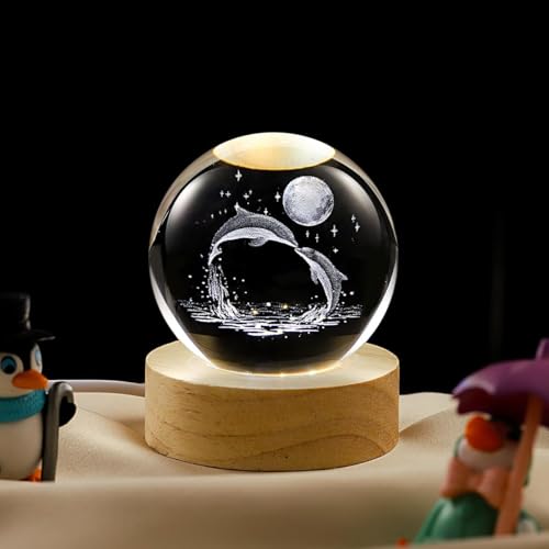 Quace Dolphin Crystal Ball Night Light, Glass Ball Night LED Lamp...