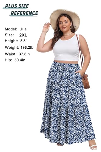 Image of Lepunuo Womens Casual Boho High Waisted Flowy Maxi Skirts Tiered Floral Long Skirts with Pockets for Summer Beach Vacation