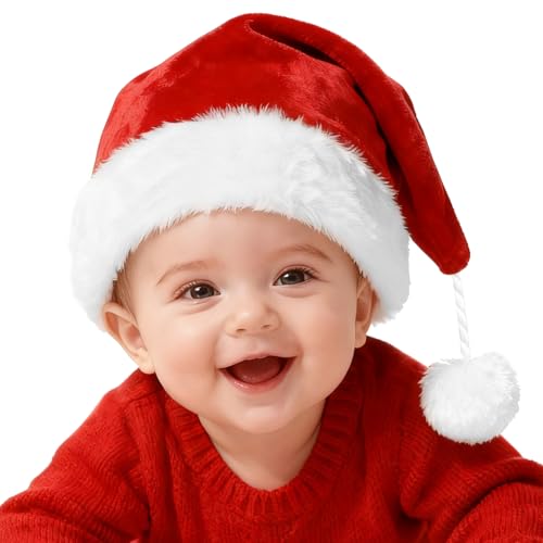 Dolkoic Christmas Santa Hat for Baby, Velvet Red White Xmas Hat with Pom Pom, Festive Holiday Hats for Baby