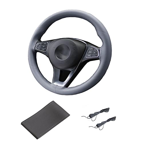 WenMei Leather Steering Wheel Cover Stitch On Wrap,Hand Sewing Steering Wheel Cover Lace-up Sport Grip Steering Wheel Wrap with Air Hole Non-Slip & Breathable Car Accessories (Grey)