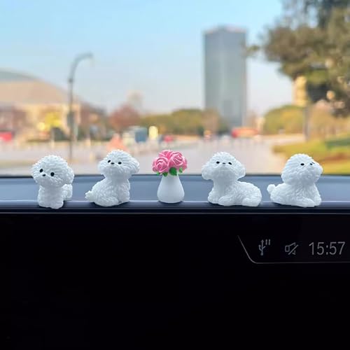 5 Pcs Cute Mini Bichon Frise and Rose Vase, Car Interior Decoration Accessories for Car Rearview Mirror Dashboard, Kawaii Decor for Home Garden Office, Funny Ornament Gifts