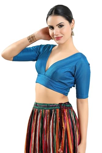 Image of Vamas Women's Silk Padded Self Design Half Sleeve Readymade Saree Blouse (X-1111.ELB)