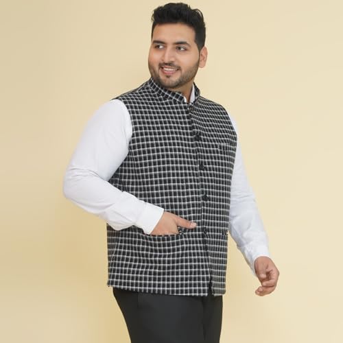 Image of JOHN PRIDE Plus Size Men Checked Tweed Black Nehru Jacket (JPNJ7513 Black)