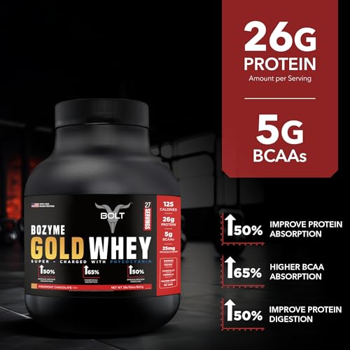 Image of Bolt Bozyme Gold Whey Potein Powder With Superfood Phycocyanin | 26 gm protein | 5g BCAA| 2lb /907gm (27 Servings) | Piedmont Chocolate