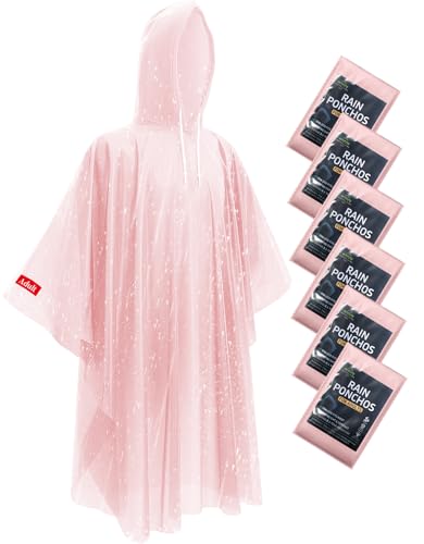 Disposable Rain Ponchos - Extra Long Waterproof Emergency Poncho with Hood for Adults Bulk Family 6 Pack Raincoat for Park Concerts Hiking Camping Essentials Home Emergency Survival Kits Pink