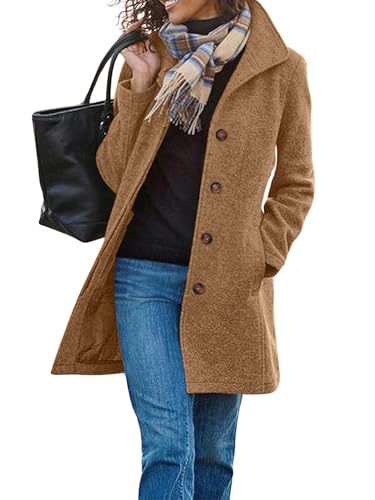 ETCYY Womens Coats Winter Long Wool Coat Trench Coat Fall Clothes Casual Blazers Notch Lapel Breasted Jacket Blend Peacoat,Pure Brown,X-Large