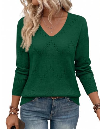 Image of Zeagoo Womens Sweaters Fall Trendy Casual Long Sleeve Shirt Lightweight V Neck Off Shoulder Crochet Pullover Top Outfit