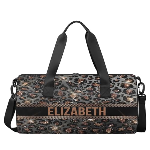 Personalized Kids Gym Bag Sport Bag Duffle Bag for Girl, Custom Gymnastics Dance Travel Bag Weekender Bags with Adjustable Leopard Black Gold Glitter