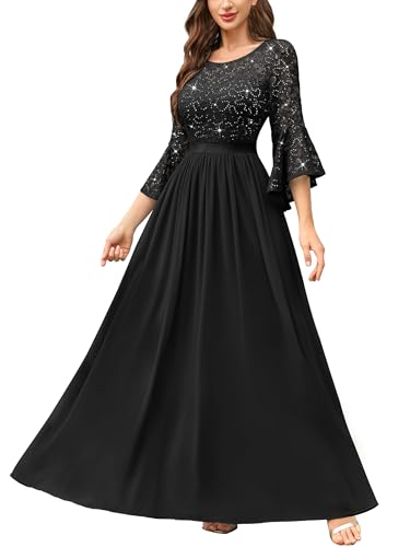 Image of Miusol Women's Formal Sparkle Sequin Lace Bell Sleeve Evening Party Maxi Dress