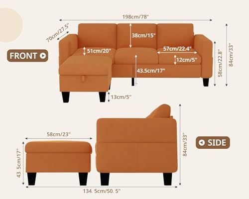 Image of SRMS Sectional Couches for Living Room 78 inch L Shaped Sofa with Storage Ottoman | Free 3 - Pillows | Sofa Set for living Room, Office, Hotel | Modern Classic 3 Seater Sofa Set | Orange