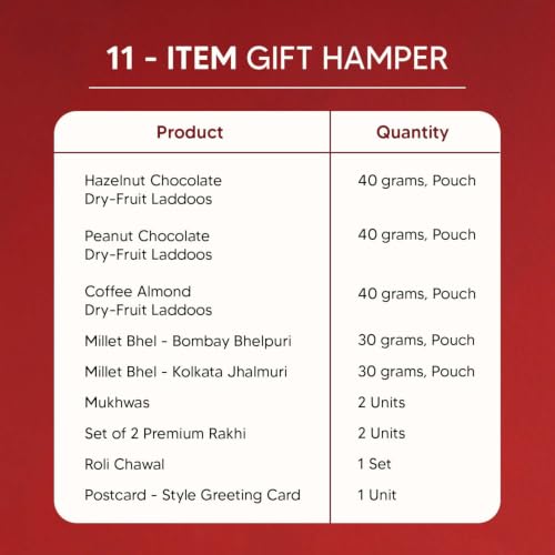 Image of Sneh - 11-Item Rakhi Gift Hamper for Brother | Premium Rakhi Set of 2 with Chocolate Dry-Fruit Laddoos, Millet Bhel, Roli-Chawal & Mukhwas Combo - Rakhi set for Brother with Hamper