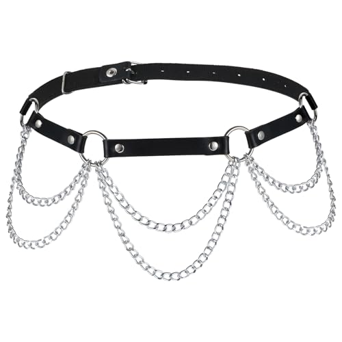 Lusofie Goth Chain Belt Black PU Leather Goth Belt Adjustable Punk Emo Grunge Belts for Women Gothic Accessories Rock Garters Strap Scene Punk Accessories Halloween Waist Chain