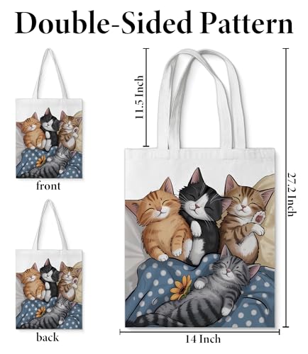 Image of Cute Cat Canvas Tote Bag for Women, Aesthetic Reusable Shoulder Bag for Shopping Travel Work