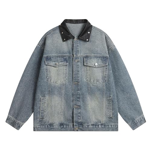 Veste en jean vintage homme avec col en cuir élégant et denim vieilli premium