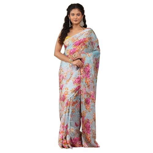 Image of Garden Vareli Summer Roganza Viscose Brasso Floral Print Saree with Unstitched Blouse Piece