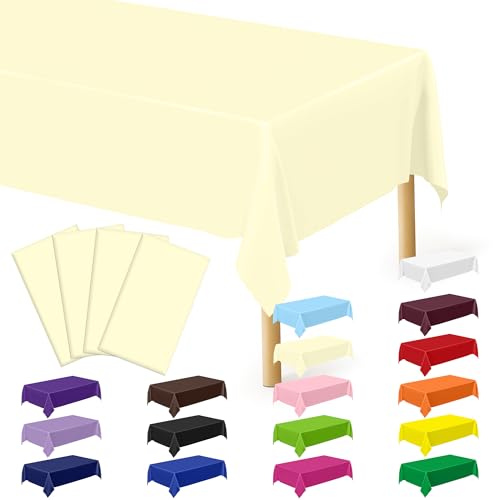 Image of QZYL 4 PCS Picnic Table Cover, 54 x 108 Inches Plastic Disposable Tablecloth, Ivory Smooth Rectangle Tablecloth, Indoor or Outdoor Parties Birthdays Wedding Decor, Leakproof and Waterproof