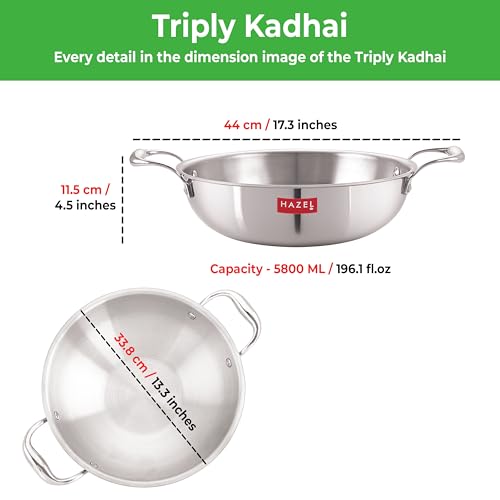 HAZEL Triply Kadhai with Lid | Induction Base 5.8 Litre Stainless Steel Kadahi | Induction Kadai with Lid | Deep Frying & Curry Wok Kadai - Image 4