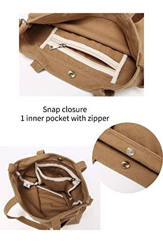 Image of Jeelow 16oz Washed Canvas Tote Bag, Heavy Duty Shoulder Crossbody Handbag, 2 Front Pockets and Snap Closure for Men and Women