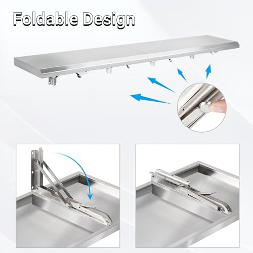 Image of Folding Concession Shelf 12 inch x 48 inch Spliced Style | Stainless Steel Drop Down Serving Food Shelf, Easy to Clean & Space-Saving Concession Shelves for Garage, Food Cart
