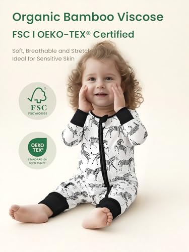 Image of Unisex Baby Bamboo Viscose Long Sleeve Romper, Cute Prints Zipper Footless Jumpsuit, Toddler One-Piece Outfits