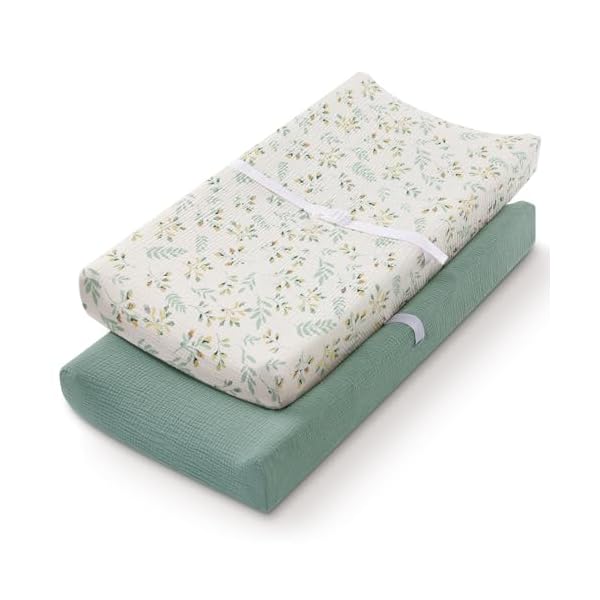 Muslin Changing Pad Cover for Baby Girls Boys, Cotton Natural Comfort Diaper Change Table Pad Covers, Ultra Soft Breathable Boho Changing Pad Sheets, 2Pack (Roman Green&Botanical Leaf)